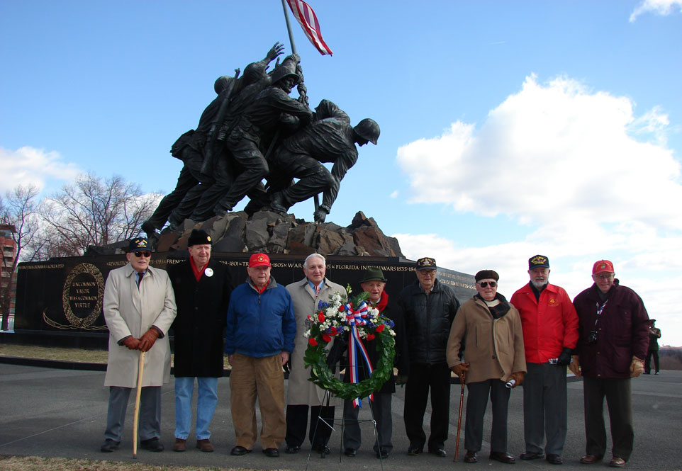Nine Marine veterans who served on Iwo Jima attended the ceremony: (from left) Major Norman T. Hatch, Tom Cox, James Wheeler, Benjamin Alfano, Capt Cyril O’Brien, USMC (Ret), Gordon Ward, Tom Miller, Jack Colby and Morris Semiatin.